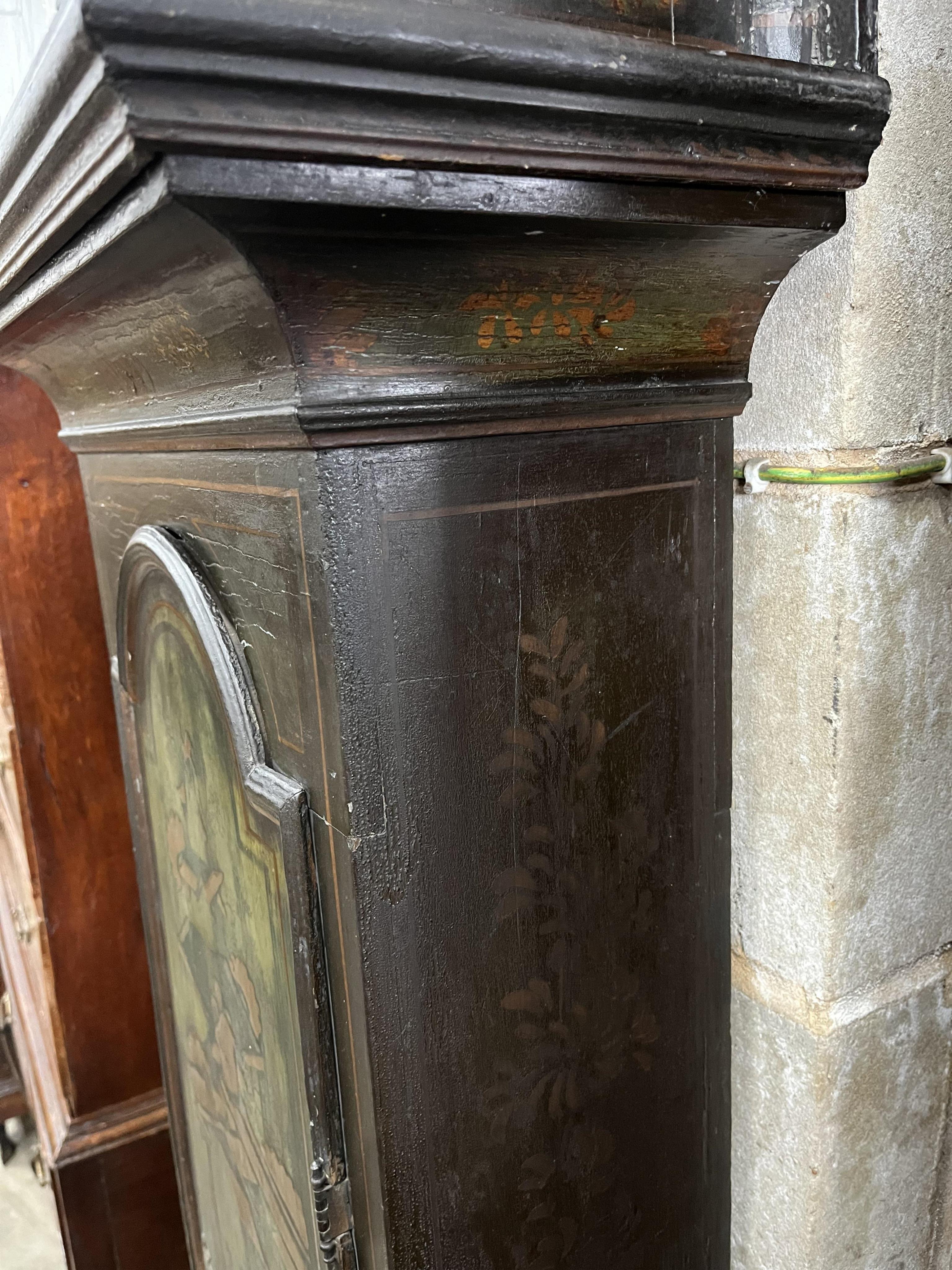 A George III blue japanned eight day longcase clock by William Presbury, Coventry, height 232cm. Condition - case fair, dial good